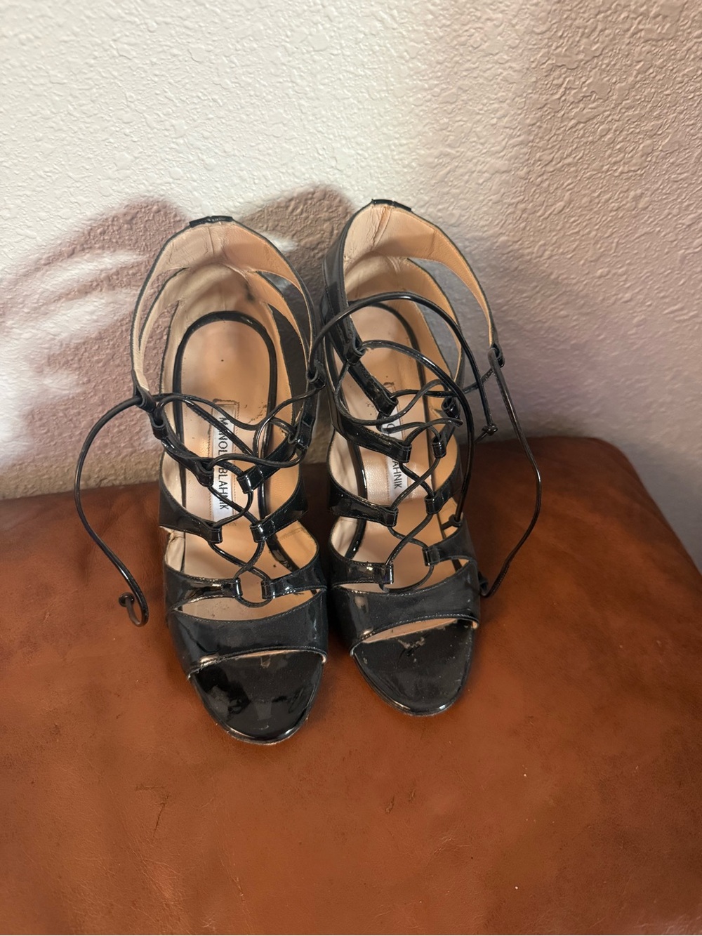 Manolo Blahnik Black Patent Lace-Up Heeled Sandals